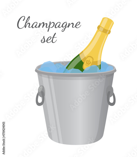 Champagne in ice bucket. Cartoon flat style. Vector illustration