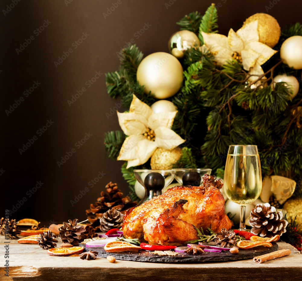 Baked turkey for Christmas or New Year space for text