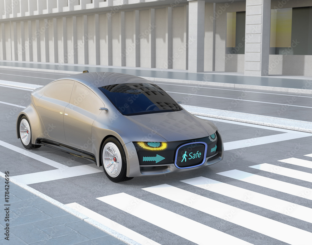 Black self-driving car's front grille showing digital signage for pedestrian. Concept for communication between autonomous car and pedestrian. 3D rendering image.