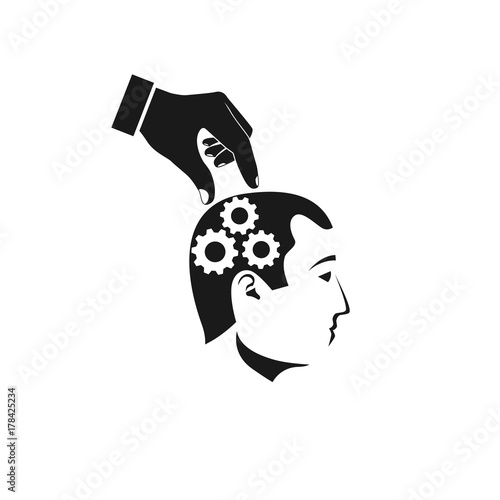 Mind control black icon. Improvement brain concept. Direction of thought. Repair of damaged brain. Vector illustration flat design. Isolated on white background. Gears in head.