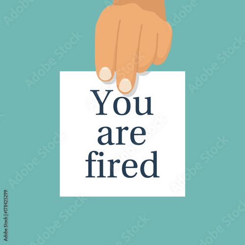 Boss holds in hand a white sheet with text You're fired. To lose a job. Vector illustration flat design. Isolated on background. Employee fires the worker.