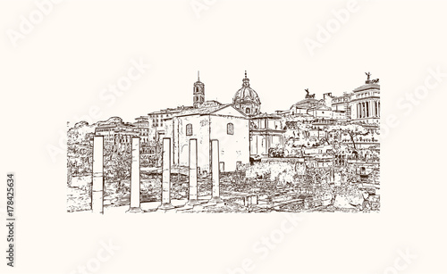 Hand drawn sketch of Roman Forum Rome, Italy in vector illustration.