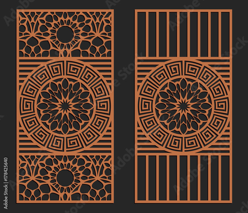 Laser cutting set. Wall panels. Jigsaw die cut ornaments. Lacy cutout silhouette stencils. Fretwork floral patterns. Vector template for paper cutting, metal and woodcut.