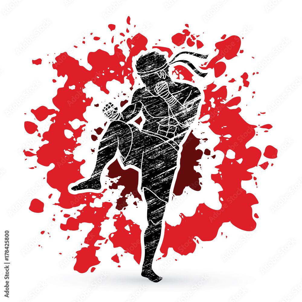 Muay Thai, Thai Boxing action designed on splash blood graphic vector