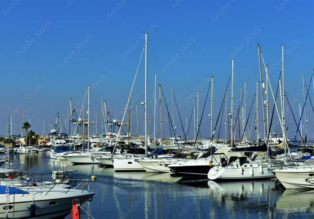 Marina bay, moored sailboats, Cyprus.