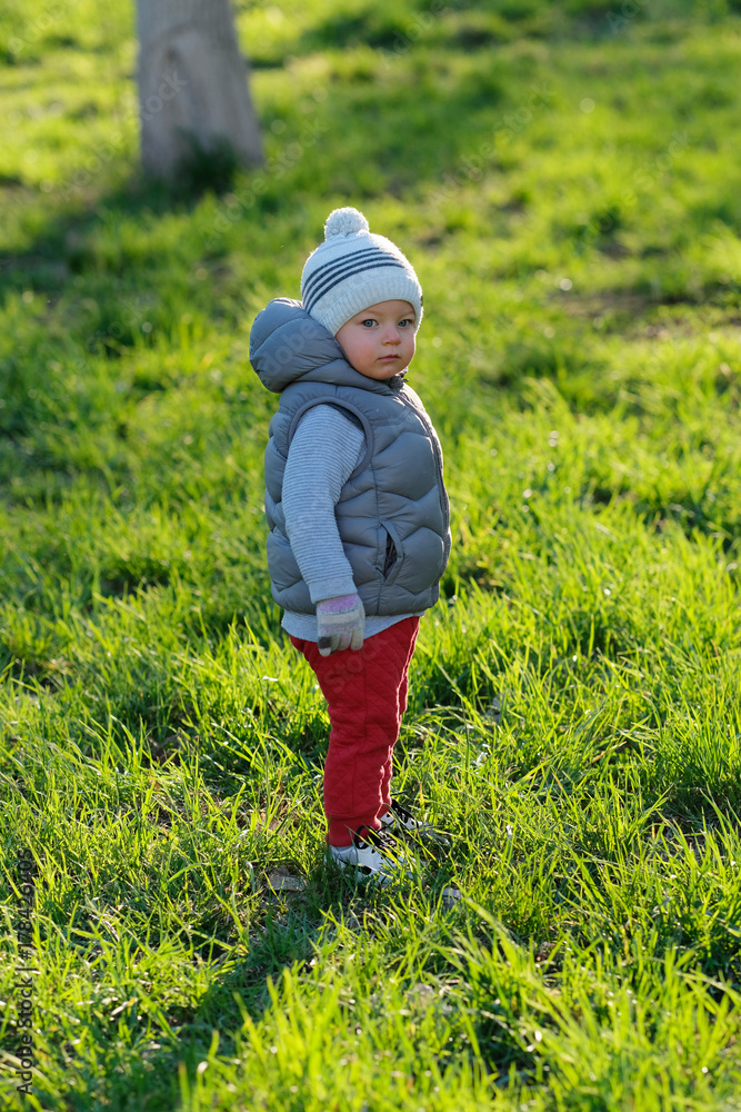 Toddler child in warm vest jacket outdoors. Baby boy at park. Toddler child in warm vest jacket outdoors. Baby boy at park.