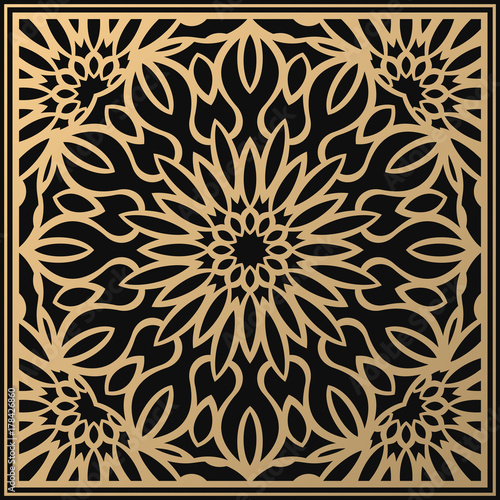 Vector golden ornament. Square vintage card for design. Premium background in luxury style. Floral tile. Suitable for laser cutting.