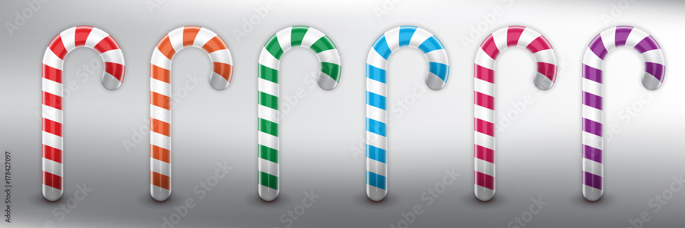 Set of 6 realistic Christmas candy canes. Christmas decoration. Design elements for holiday cards. Colorful and isolated on the white panel. Vector illustration. Eps10. Set of 6 realistic Christmas candy canes. Christmas decoration. Design elements for holiday cards. Colorful and isolated on the white panel. Vector illustration. Eps10.