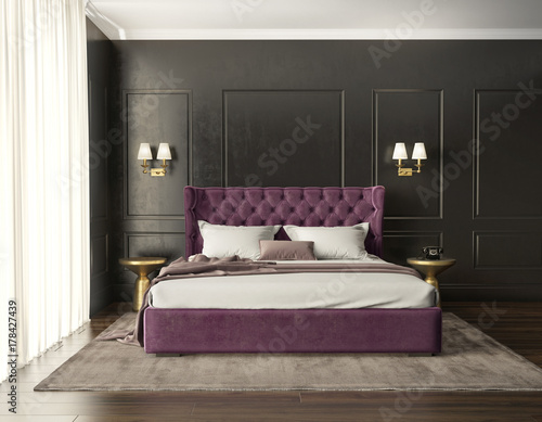 Classic luxury modern chic bedroom with tufted bed front view