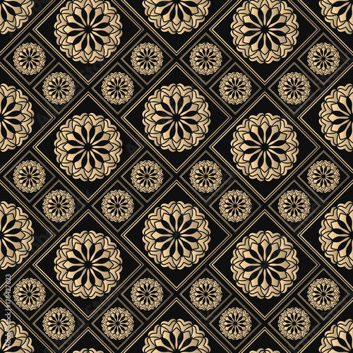 Seamless pattern oriental ornament. Black and golden textile print. Islamic vector design. Floral tiles.