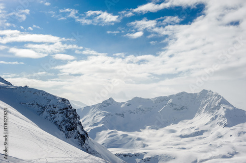 Alpine winter mountain landscape. French Alps with snow.