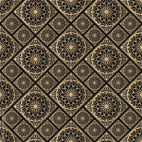Seamless pattern oriental ornament. Black and golden textile print. Islamic vector design. Floral tiles.