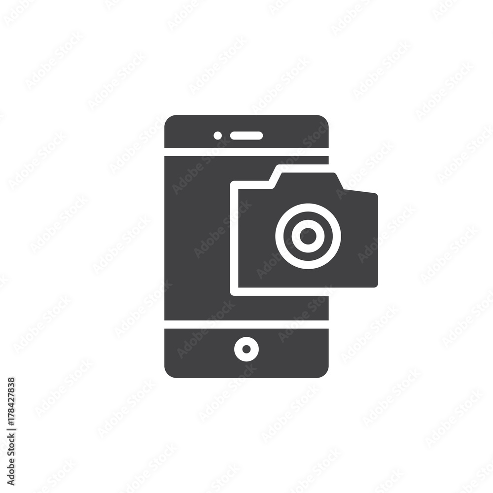 Mobile phone photography camera icon vector, filled flat sign, solid pictogram isolated on white. Smarthone camera symbol, logo illustration. Mobile phone photography camera icon vector, filled flat sign, solid pictogram isolated on white. Smarthone camera symbol, logo illustration.