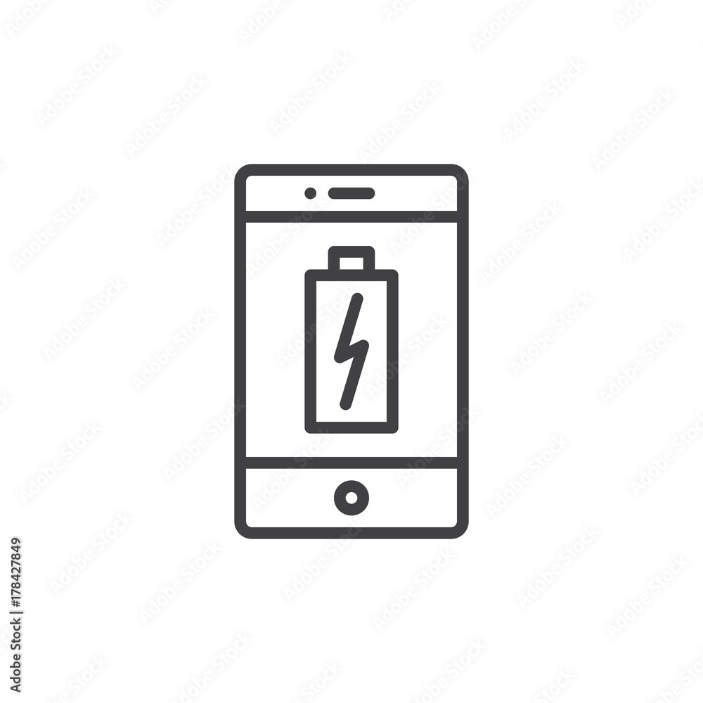 Smartphone charging battery line icon, outline vector sign, linear style pictogram isolated on white. Phone low battery symbol, logo illustration. Editable stroke Smartphone charging battery line icon, outline vector sign, linear style pictogram isolated on white. Phone low battery symbol, logo illustration. Editable stroke