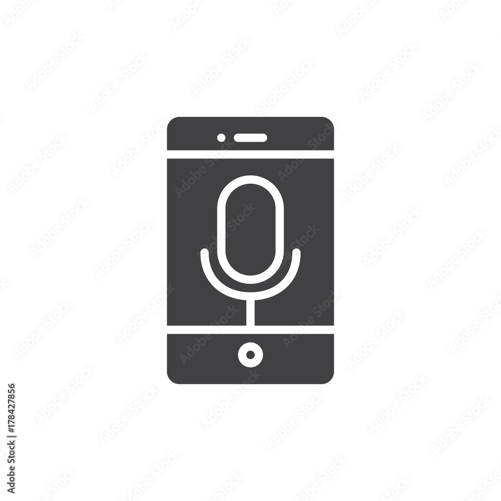 Smartphone with microphone on display icon vector, filled flat sign, solid pictogram isolated on white. Mobile phone sound record symbol, logo illustration. Smartphone with microphone on display icon vector, filled flat sign, solid pictogram isolated on white. Mobile phone sound record symbol, logo illustration.