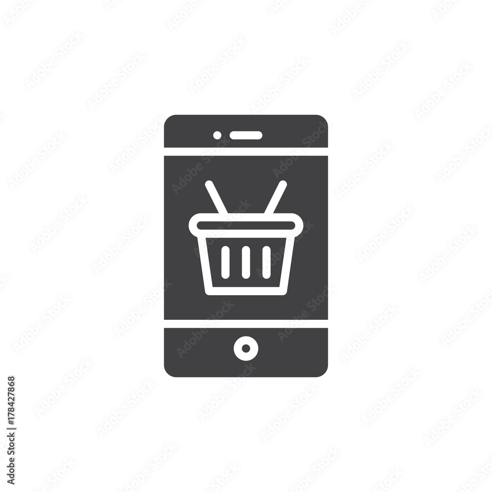 Smartphone with basket icon vector, filled flat sign, solid pictogram isolated on white. Online shopping with mobile phone symbol, logo illustration Smartphone with basket icon vector, filled flat sign, solid pictogram isolated on white. Online shopping with mobile phone symbol, logo illustration