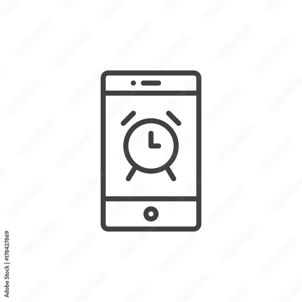 Smartphone with alarm clock on display line icon, outline vector sign, linear style pictogram isolated on white. Mobile phone and watch symbol, logo illustration. Editable stroke Smartphone with alarm clock on display line icon, outline vector sign, linear style pictogram isolated on white. Mobile phone and watch symbol, logo illustration. Editable stroke