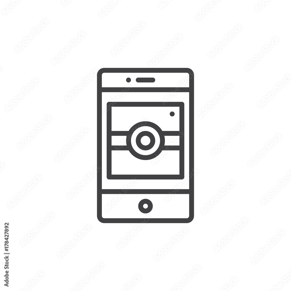Smartphone screen with camera line icon, outline vector sign, linear style pictogram isolated on white. Symbol, logo illustration. Editable stroke Smartphone screen with camera line icon, outline vector sign, linear style pictogram isolated on white. Symbol, logo illustration. Editable stroke