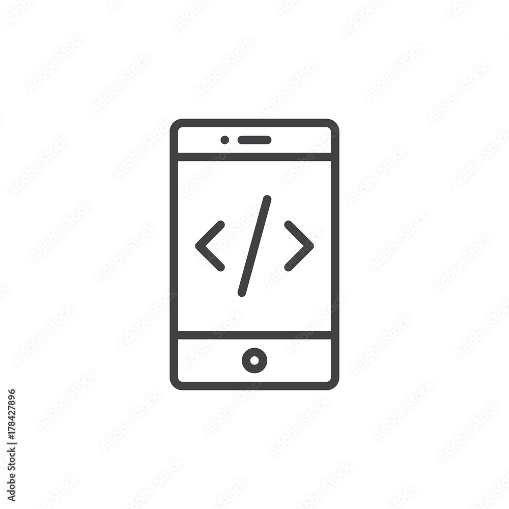 Smartphone with code on display line icon, outline vector sign, linear style pictogram isolated on white. Mobile phone coding symbol, logo illustration. Editable stroke Smartphone with code on display line icon, outline vector sign, linear style pictogram isolated on white. Mobile phone coding symbol, logo illustration. Editable stroke