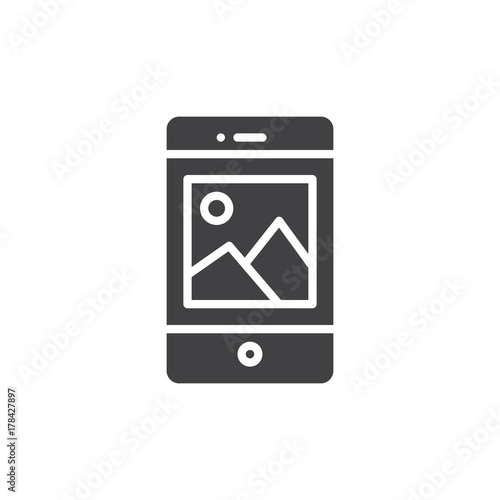 Smartphone with picture on display icon vector, filled flat sign, solid pictogram isolated on white. Mobile phone and photo symbol, logo illustration