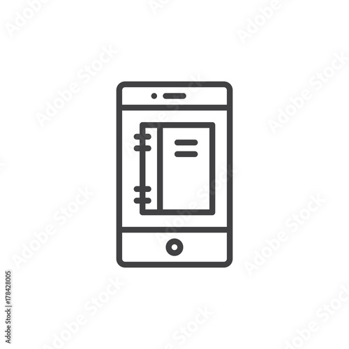 Smartphone with notepad on display line icon, outline vector sign, linear style pictogram isolated on white. Mobile phone organizer function symbol, logo illustration. Editable stroke