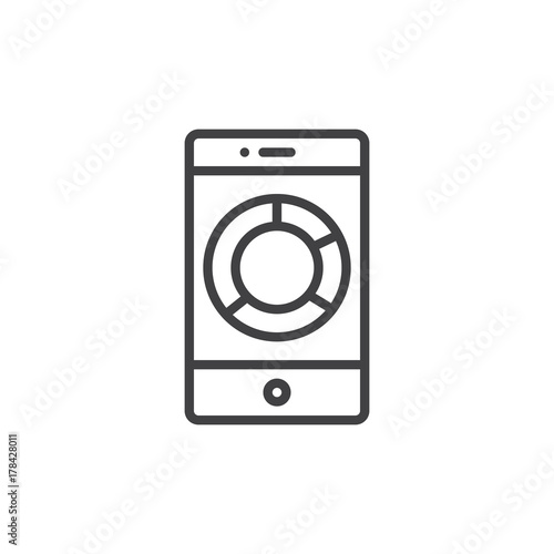 Smartphone with circle business graph line icon, outline vector sign, linear style pictogram isolated on white. Symbol, logo illustration. Editable stroke