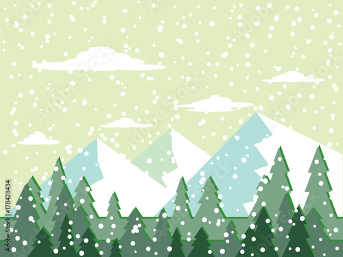Winter mountain landscape with green forest