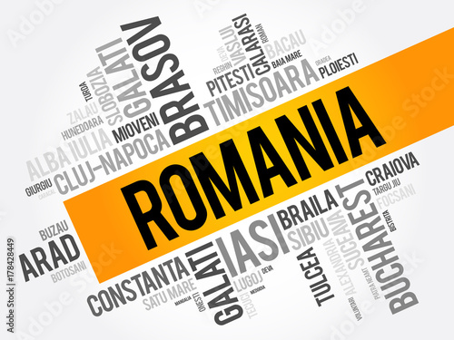 List of cities in Romania word cloud collage, business and travel concept background