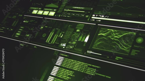 Perspective view of deep green futuristic interface/Digital screen/Detailed abstract background. Blinking and switching indicators of command center computer,processing data, AI.