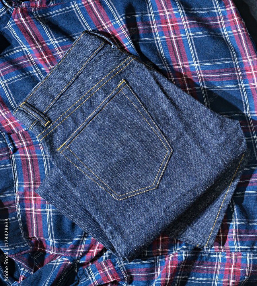 Blue Jeans Denim, 100% Cotton Unsanforized Denim Red Selvage Jeans on Plaid Shirt background, selective focus (detailed close-up shot) Blue Jeans Denim, 100% Cotton Unsanforized Denim Red Selvage Jeans on Plaid Shirt background, selective focus (detailed close-up shot)