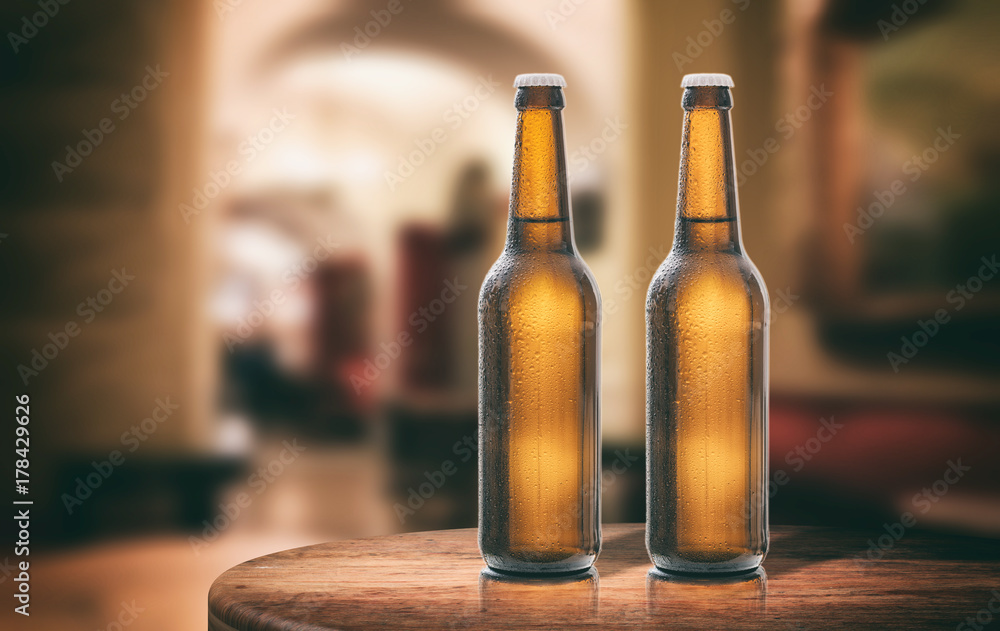 Beer bottles on a wooden table, abstract bar background. 3d illustration