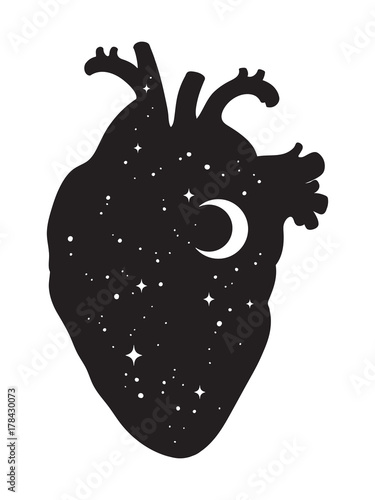 Silhouette of human heart with universe inside. Crescent moon and stars. Sticker, print or tattoo design vector illustration isolated.