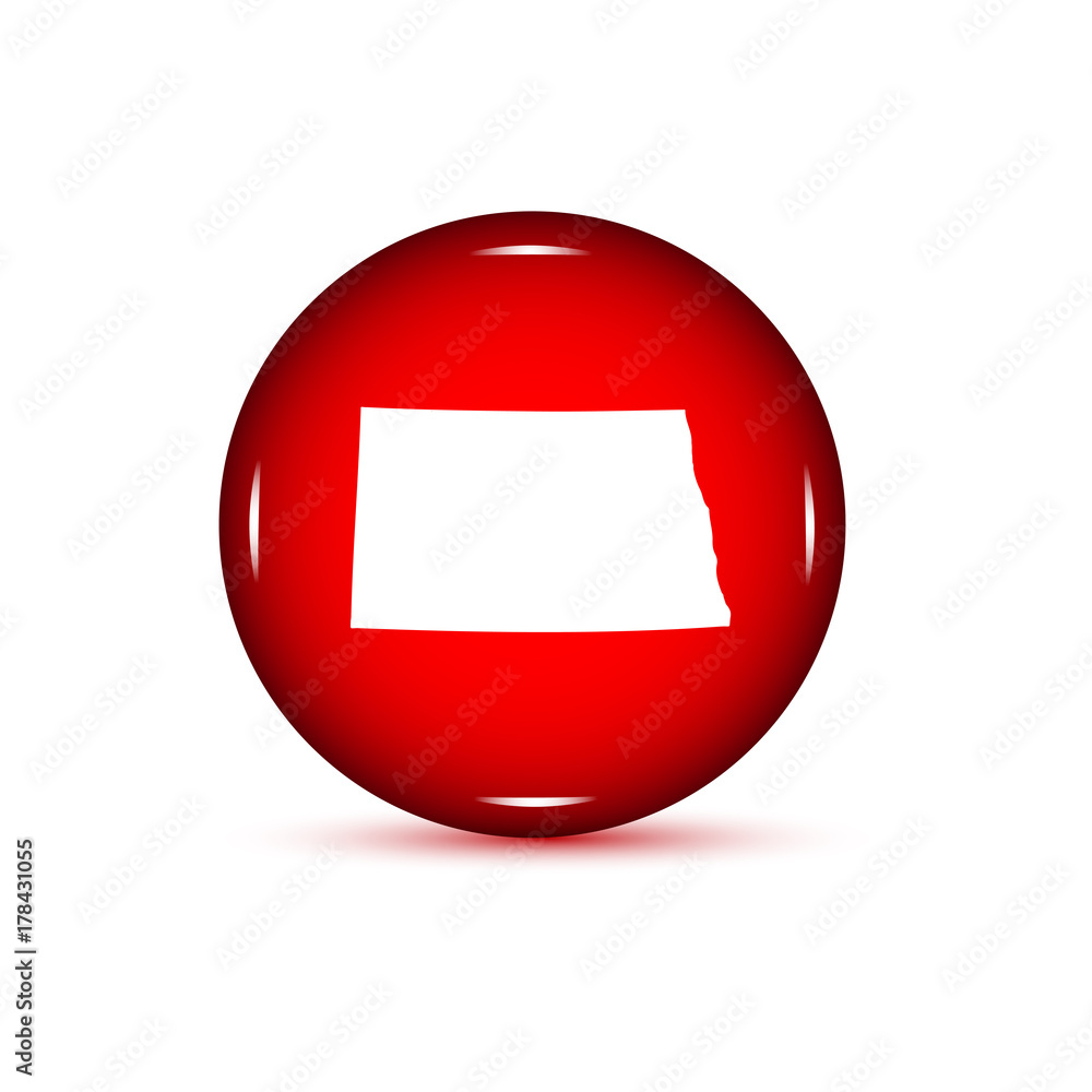 Map of the U.S. state of North Dakota. Red button on a white background.