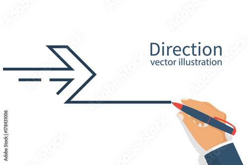 Man draws hand in the form of an arrow. Direction indicator. Abstract arrow minimal design line. Template banner, space for text. Vector illustration flat design. Isolated on white background.