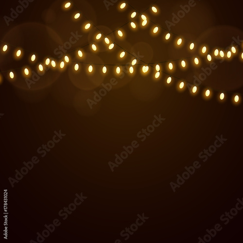 Christmas golden lights on a dark background. Celebratory background. Golden garlands. Luminous oval light bulbs. Vector