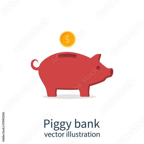 Piggy bank icon isolated on white background. Vector illustration flat design. Gold dollar coin drops into money box. Save budget. Economy finance.