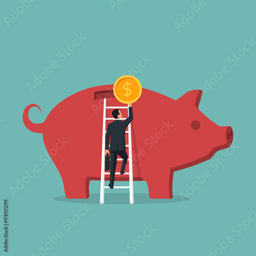 Businessman climbs stairs to big piggy bank hold coin in hand. Vector illustration, flat style design. Making saving. Economy of money.