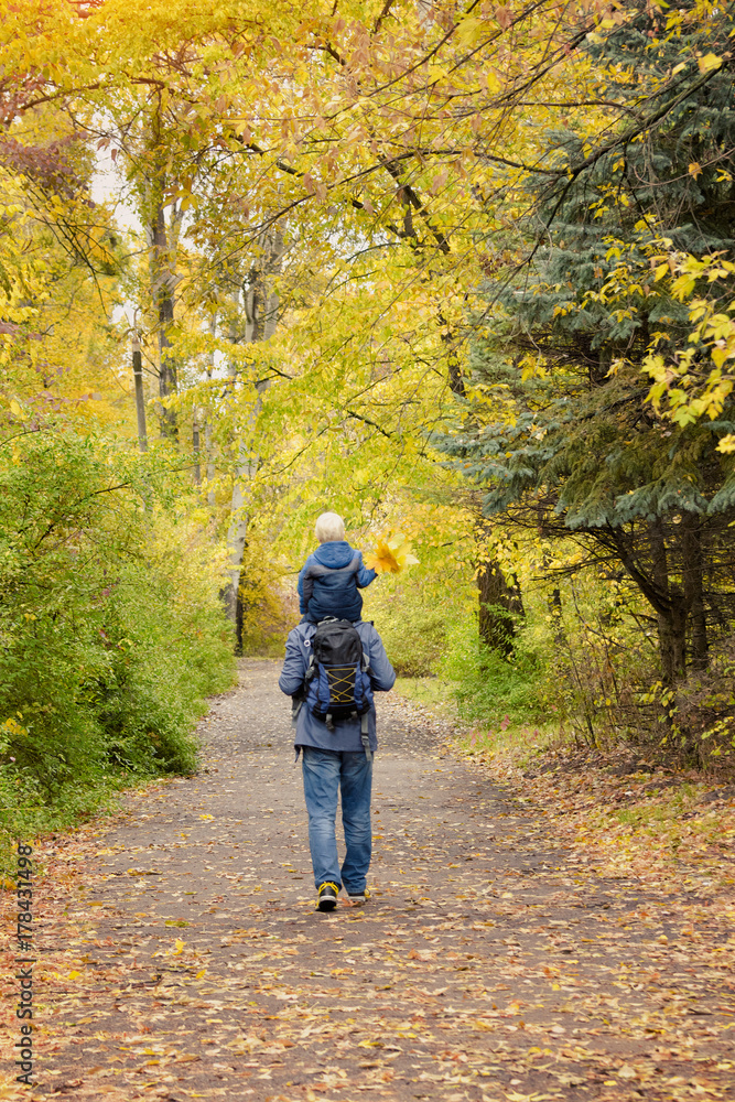 Obraz premium Father and son on their shoulders walk through the autumn park. Back view
