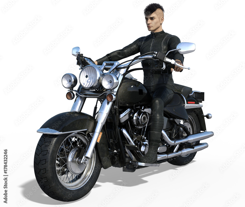 Handsome biker in black leather outfit isolated on white. 3d render Handsome biker in black leather outfit isolated on white. 3d render