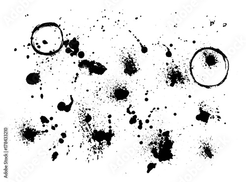 Vector set of artistic ink, watercolor splashes, ink blots.  Grunge ink blot splatters. Black splatter collection. Vector illustration