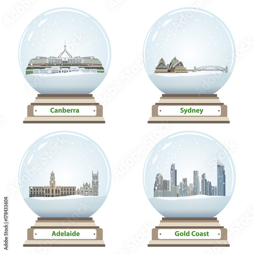 snow globes with australian city skylines inside vector collection