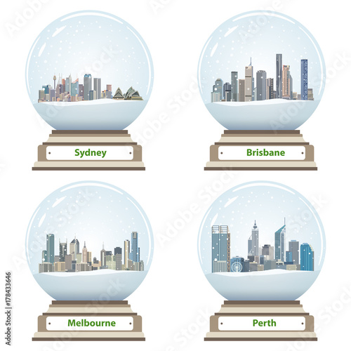 snow globes with australian city skylines vector set