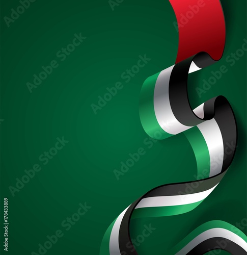 UAE Independence Day abstract background in national flag color theme. Celebration banner  with curving flag isolated on green. Vector illustration