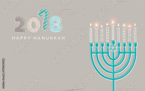 Hanukkah, the Jewish Festival of Lights, festive background with menorah and golden lights. Greeting Card with hand drawn numbers 2018 . Golden, beige and turquose colors. Vector illustration