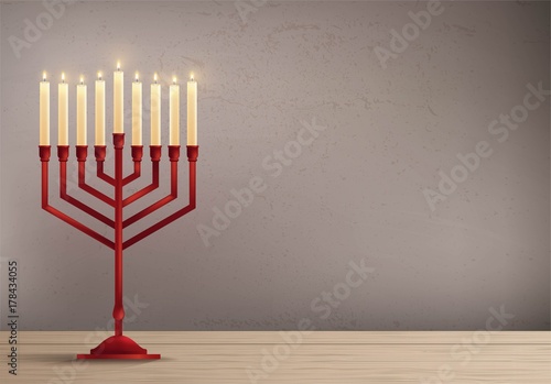 Hanukkah, the Jewish Festival of Lights, festive background with menorah on the table. Vector illustration