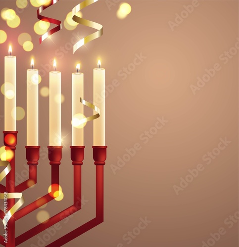 Hanukkah, the Jewish Festival of Lights, festive background with menorah and golden lights. Vector illustration