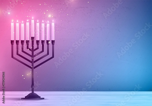 Hanukkah, the Jewish Festival of Lights, festive background with menorah and golden lights. Vector illustration