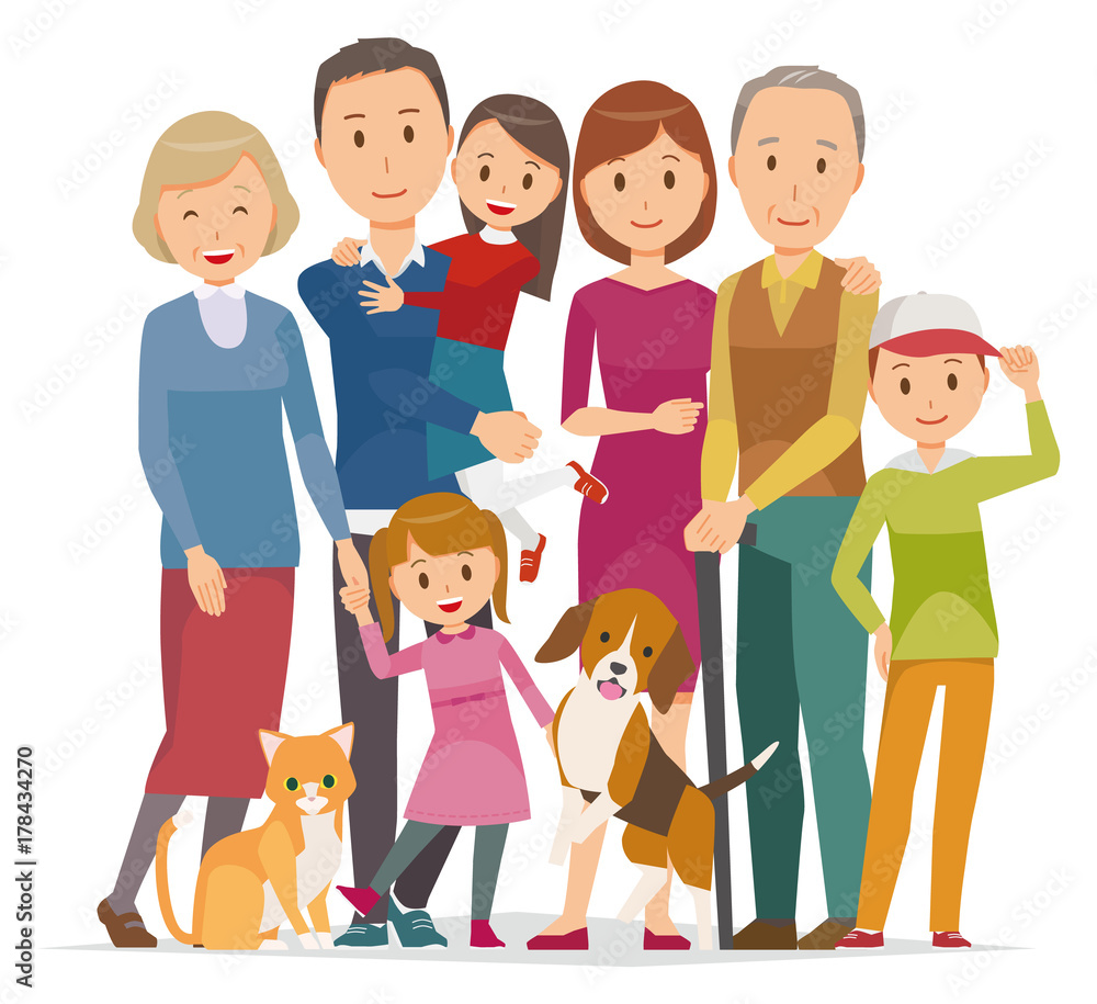 Illustration of family - 7 people of 3generation and pet in winter Illustration of family - 7 people of 3generation and pet in winter