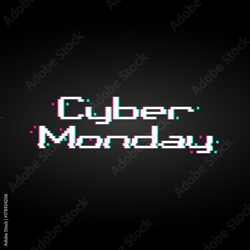 Background with glitched anaglyph pixel art shopping cart and cy