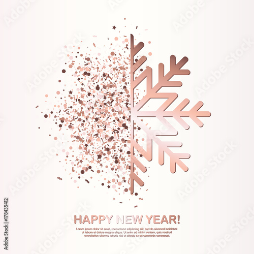 Obraz na plátně Happy New Year Greeting Card with Rose Gold Glowing Snowflake on white background